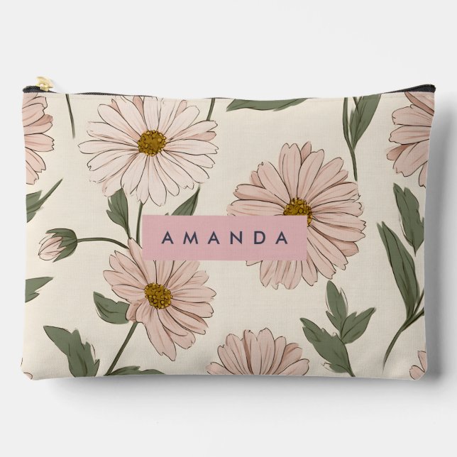 Personalized Delicate Pink Daisy Illustration Accessory Pouch (Front)