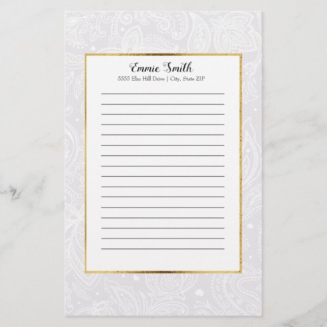 Personalized Delicate White Paisley Lace Stationery (Front)
