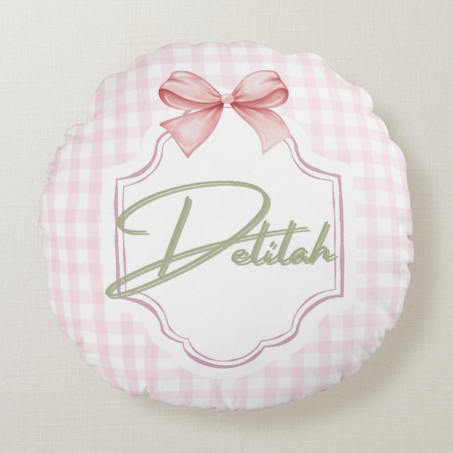 Personalized Delilah Baby Girl Nursery Gingham  Round Pillow (Front)