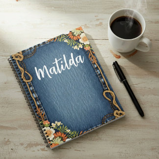 Personalized denim and flowers frame  notebook