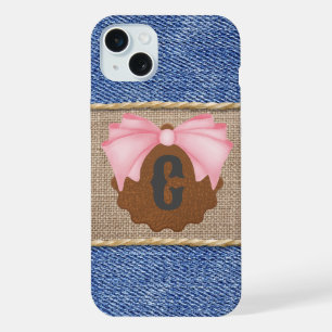 Personalized Denim & Leather with Pink Bow iPhone 15 Plus Case