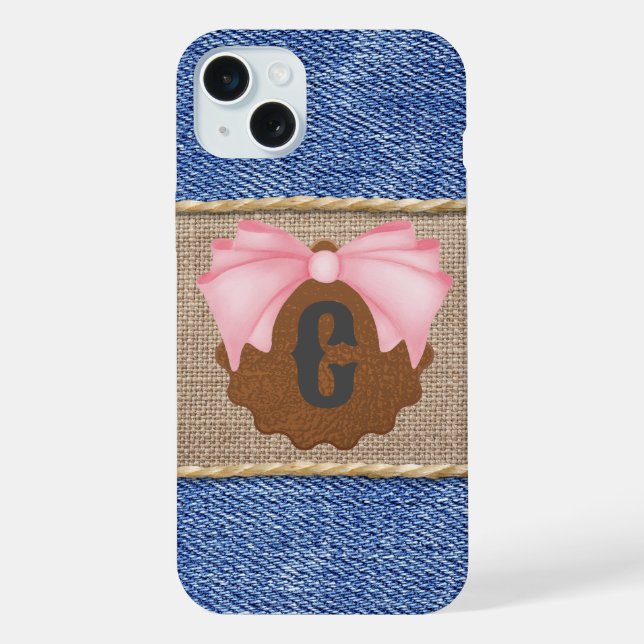 Personalized Denim & Leather with Pink Bow iPhone Case (Back)