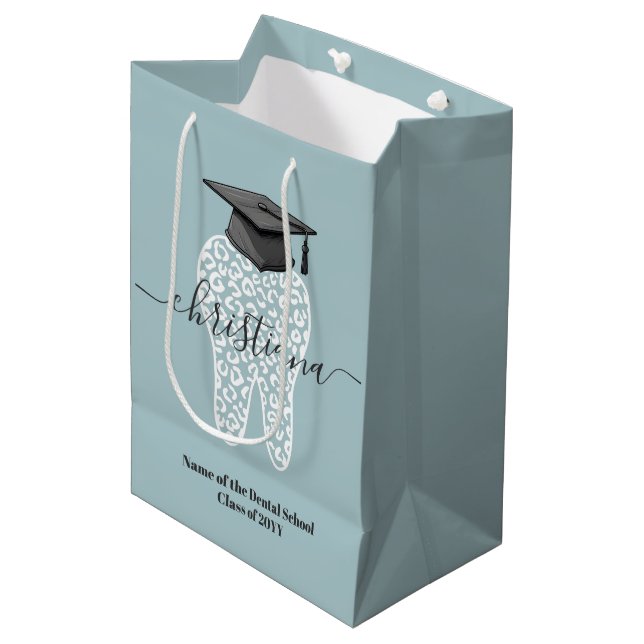 Personalized Dental Graduation Leopard Tooth Grad Medium Gift Bag (Front Angled)