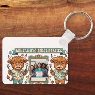 Personalized Dental Hygienist Besties Highland Cow Keychain
