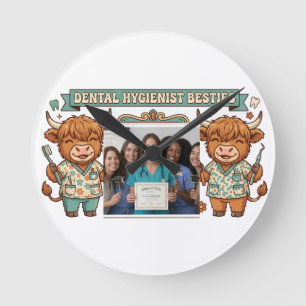 Personalized Dental Hygienist Besties Highland Cow Round Clock