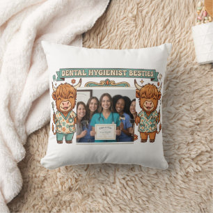 Personalized Dental Hygienist Besties Highland Cow Throw Pillow