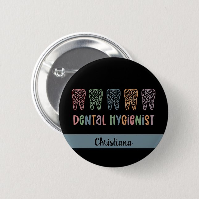 Personalized Dental Hygienist Leopard Print teeth 2 Inch Round Button (Front & Back)