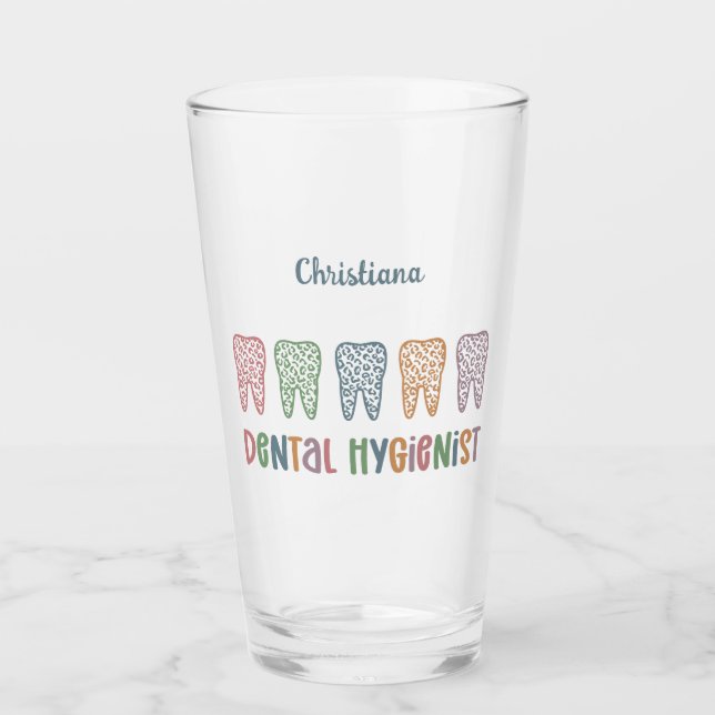Personalized Dental Hygienist Leopard Print teeth Glass (Front)