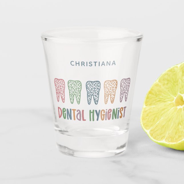 Personalized Dental Hygienist Leopard Print teeth Shot Glass (Front)