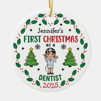 Personalized Dentist First Christmas Tree Round Ceramic Ornament