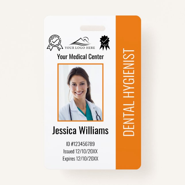Personalized Dentist Office Logo Photo ID Orange Badge (Front)