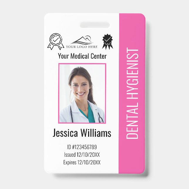 Personalized Dentist Office Logo Photo ID Pink Badge (Front)