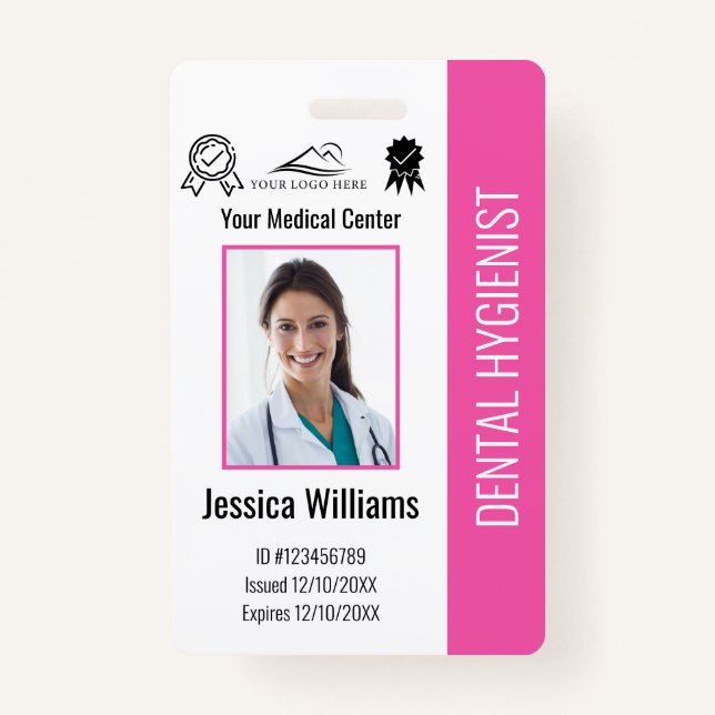 Personalized Dentist Office Logo Photo ID Pink Badge (Front)
