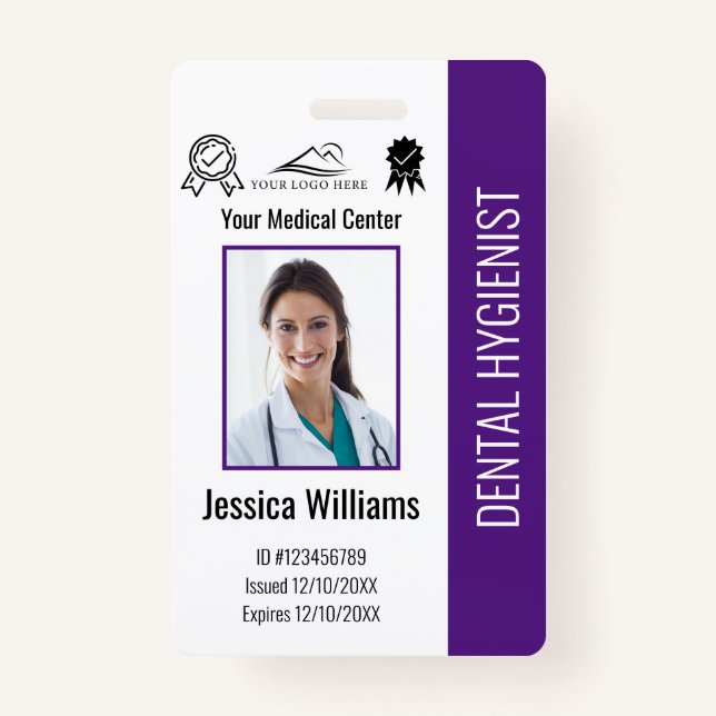 Personalized Dentist Office Logo Photo ID Purple Badge (Front)