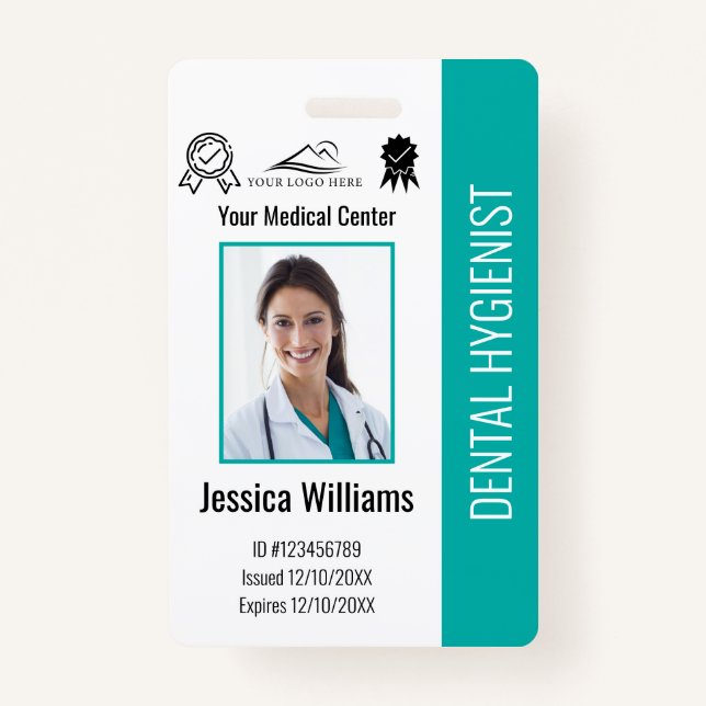 Personalized Dentist Office Logo Photo ID Teal Badge (Front)