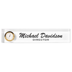 Personalized desk name plate with clock