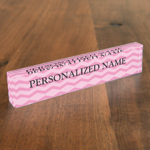 Personalized desk nameplate pink chevron pattern