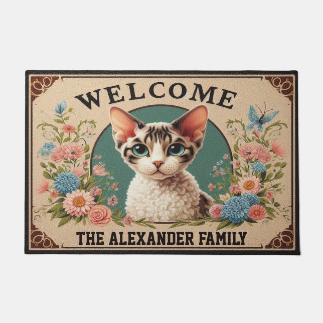 Personalized Devon Rex Cat Stylish Floral Welcome Doormat (Front)