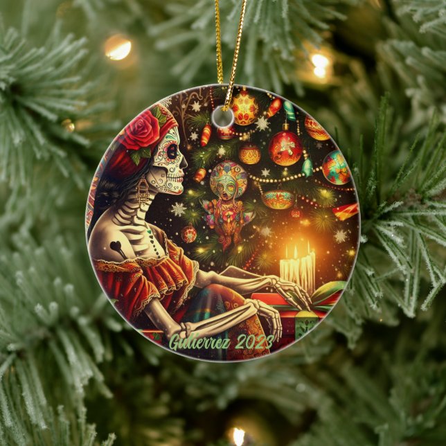 Personalized Día de los Muertos Christmas Holiday Ceramic Ornament (Tree)