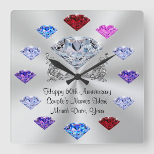 Personalized Diamond Anniversary Clock, Birthstone Square Wall Clock