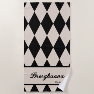 Personalized Diamond Chequered Black + Beige  Beach Towel
