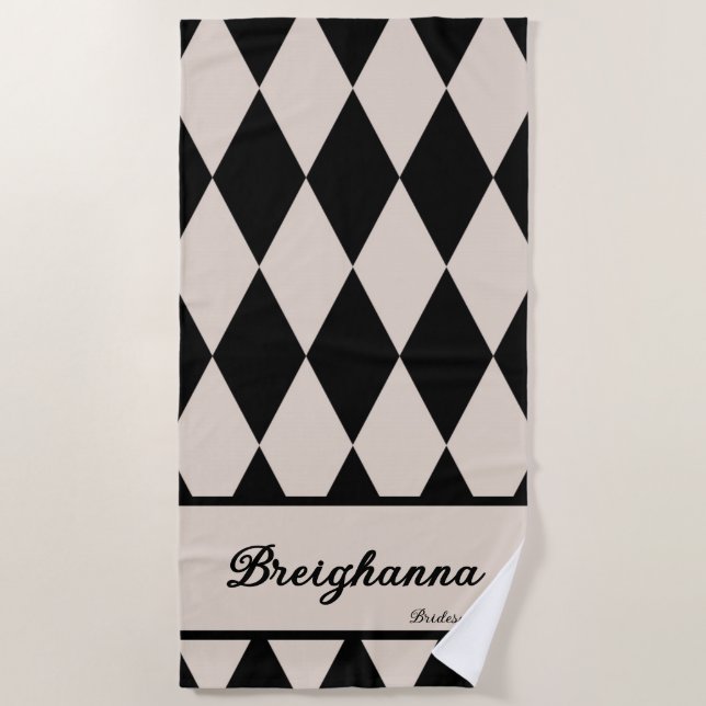 Personalized Diamond Chequered Black + Beige  Beach Towel (Front)