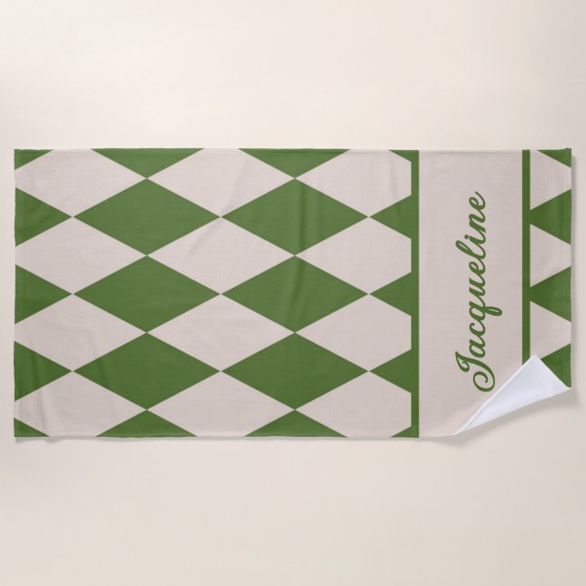 Personalized Diamond Chequered Green + Beige  Beach Towel (Front)