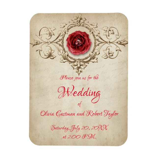 Personalized diamond ring and red rose magnet (Vertical)