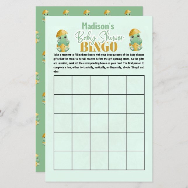 Personalized Dino Bingo Baby Shower Game (Front/Back)