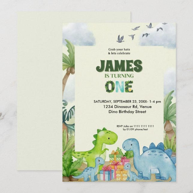 Personalized Dinosaur 1st Birthday Invitation (Front/Back)