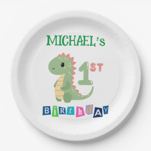 Personalized Dinosaur 1st Birthday Paper Plate