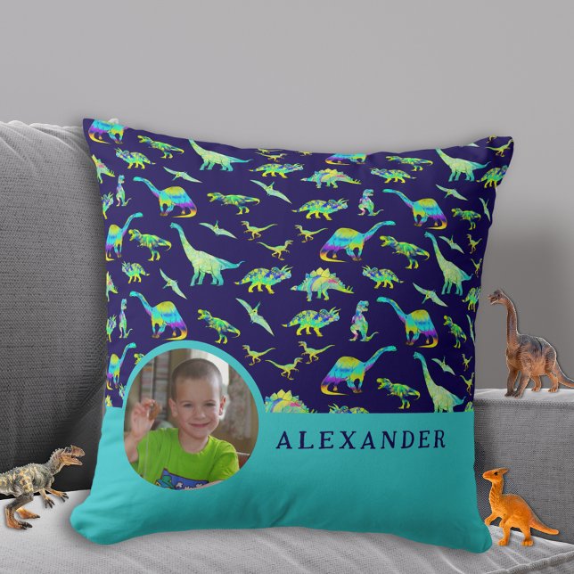 Personalized Dinosaur Blue Throw Pillow (Colorful dinosaur boys personalized photo and name navy blue pillow Cute dino home decor for kids)