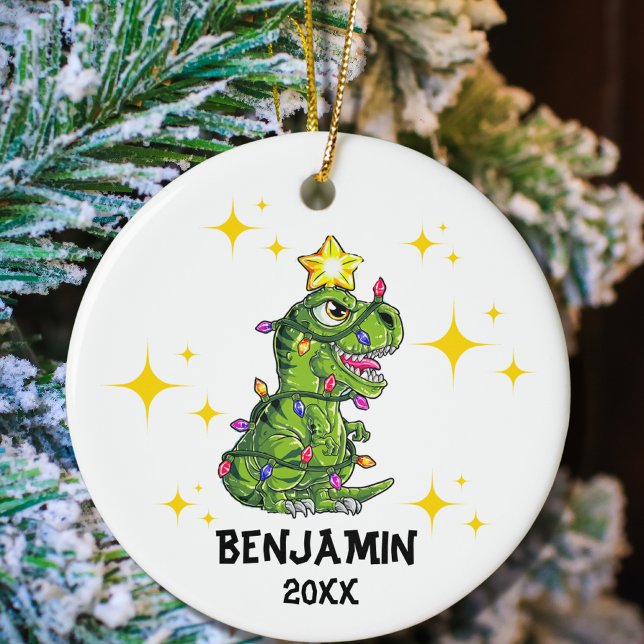 Personalized Dinosaur Christmas Boys Christmas Ceramic Ornament (Creator Uploaded)