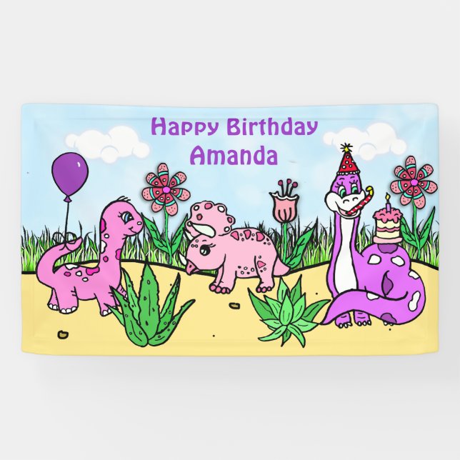 Personalized Dinosaur Girl's Birthday Party Banner (Horizontal)
