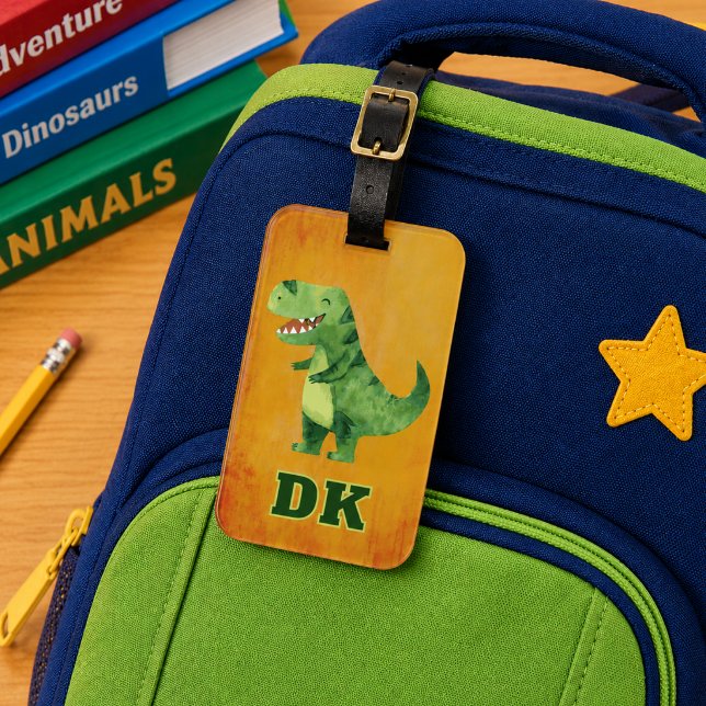 Personalized Dinosaur ID School Luggage Tag (Fun dinosaur child's school backpack or sports bag ID tag. Monogrammed with initials. )