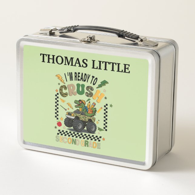 Personalized Dinosaur Monster Truck Metal Lunch Box (Front)