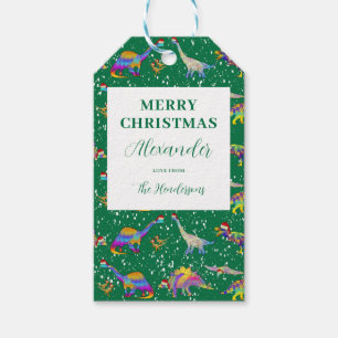 Personalized Dinosaur Santa Green Christmas Gift Tags
