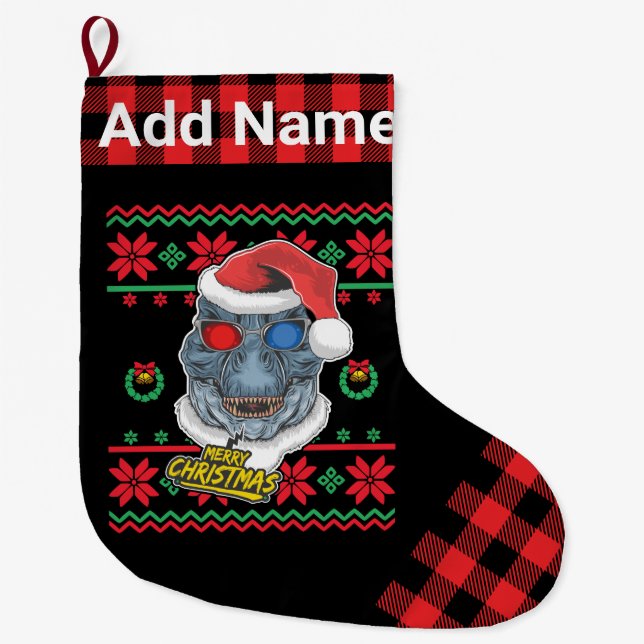 Personalized Dinosaur Santa T-Rex Ugly Christmas Large Christmas Stocking (Front)
