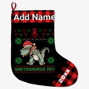 Personalized Dinosaur Santasaurus Rex Ugly Xmas Large Christmas Stocking