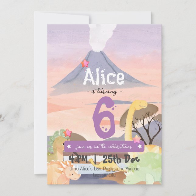 Personalized Dinosaur-Themed 6th Birthday Party Invitation (Front)