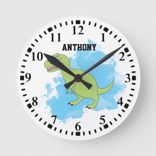 Personalized Dinosaur with Blue Watercolor  Round Clock (Front)