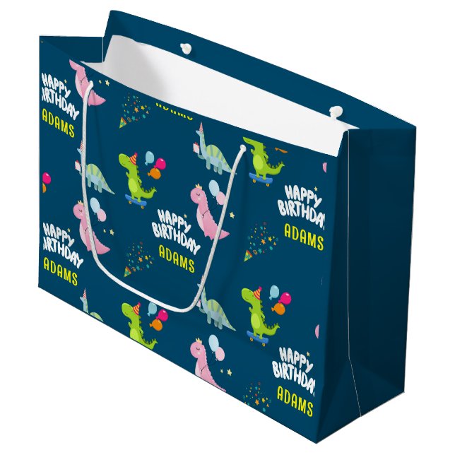 Personalized Dinosaurs kids Birthday Large Gift Bag (Front Angled)