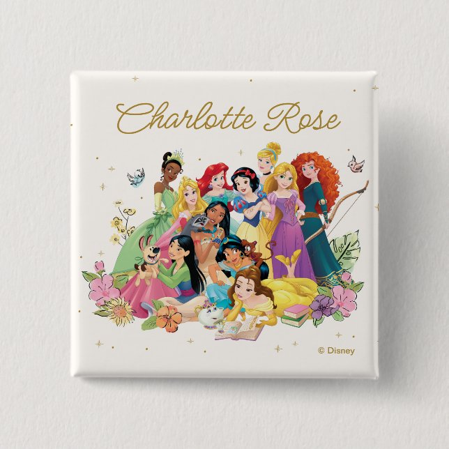 Personalized Disney Princess Floral 2 Inch Square Button (Front)