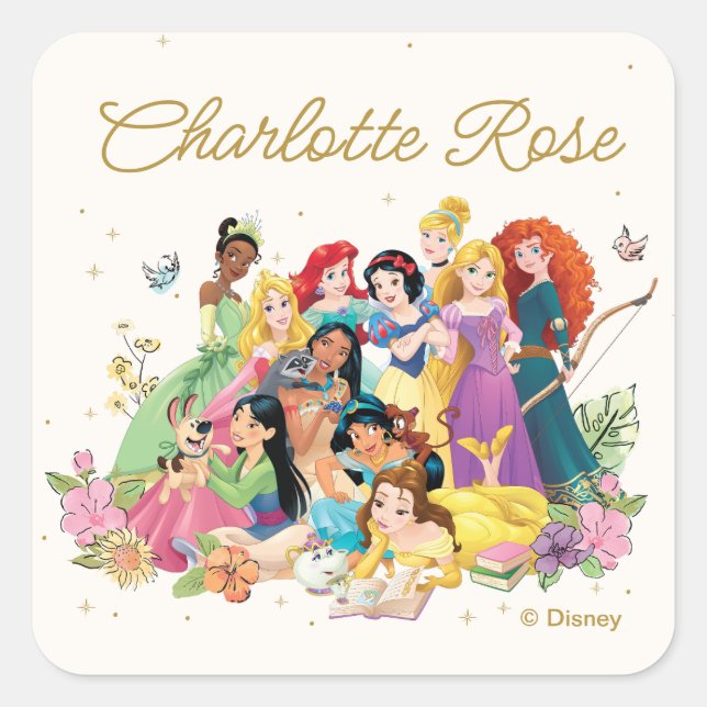 Personalized Disney Princess Floral Square Sticker (Front)