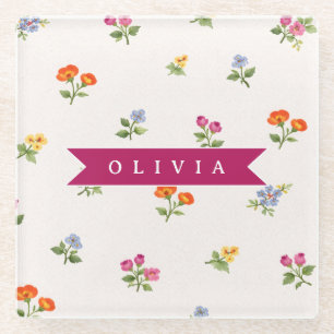 Personalized Ditsy Floral Cottagecore Wildflower Glass Coaster