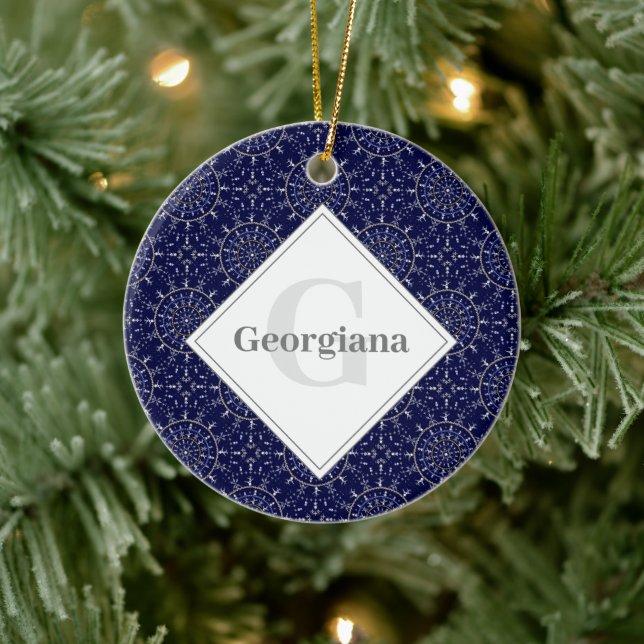 Personalized Ditsy Winter Snow Angels Snowmen Tile Ceramic Ornament (Tree)