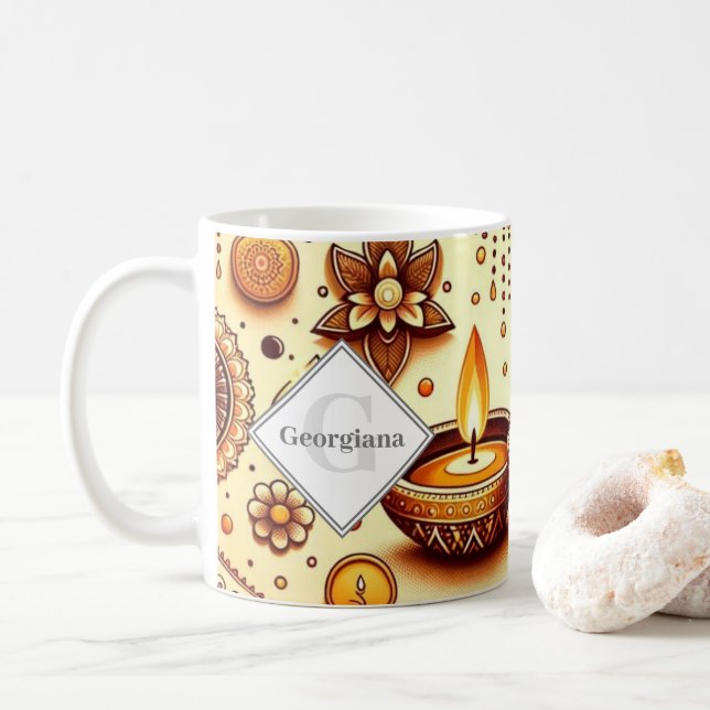 Personalized Diwali Diyas & Rangoli Bronze & Gold Coffee Mug (With Donut)