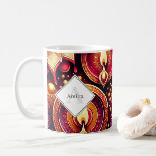 Personalized Diwali Purple and Red Diyas & Rangoli Coffee Mug
