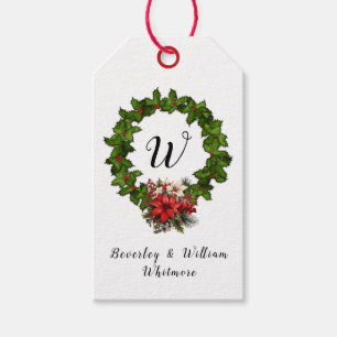 Personalized Dk Green Wreath with Red Flowered Bow Gift Tags