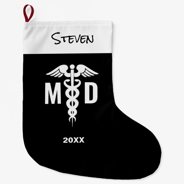 Personalized Doctor MD Caduceus Symbol Black White Large Christmas Stocking (Front)